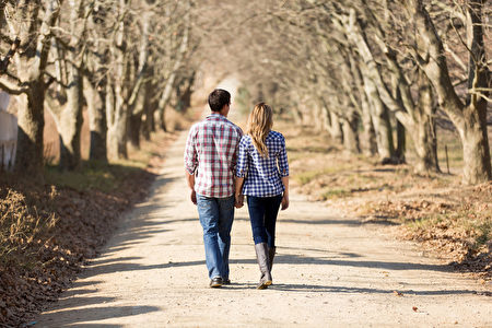 夫妇手牵着手背面图走在秋天的乡野（fotolia）