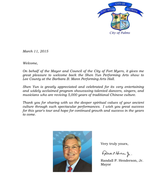 美國佛羅里達州邁爾斯堡市長Randall P. Henderson Jr.向當地神韻主辦方發來賀信,歡迎神韻的到來,並向神韻藝術家們表達感謝之意。(大紀元資料室) 美國佛羅里達州邁爾斯堡市長Randall P. Henderson Jr.向當地神韻主辦方發來賀信,歡迎神韻的到來,並向神韻藝術家們表達感謝之意。(大紀元資料室)
