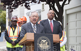 5月28日，舊金山市長李孟賢宣布2年撥款9,800萬美元用於路面翻修，此外還有市容整頓項目投資等。（周鳳臨／大紀元）
