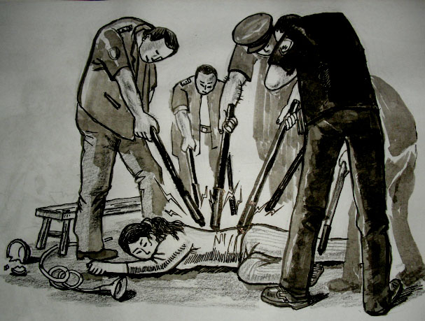 中共酷刑示意圖:多根電棒電擊(明慧網)