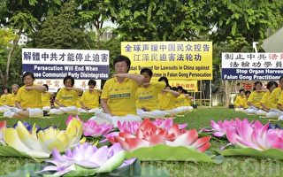 7月14日傍晚，新加坡法轮功学员在芳林公园举办纪念7•20反迫害16周年的活动。（苏每善/大纪元）