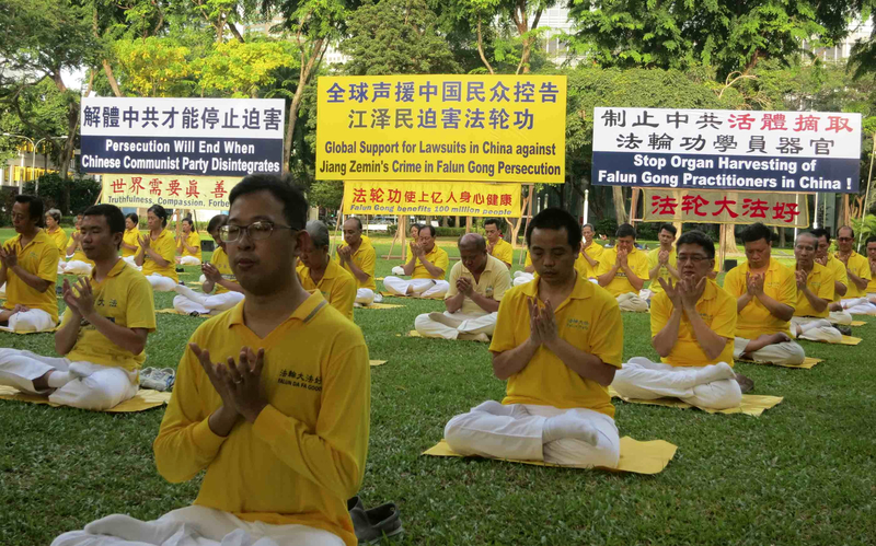 反迫害16周年,新加坡法轮功学员在芳邻公园举办活动,传播法轮功真相,并将“诉江大潮”广告民众。(明慧网)
