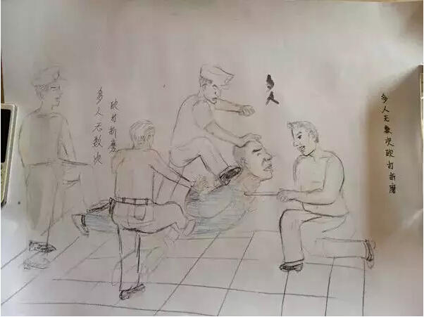 山西呂梁市中陽縣堯峪村村民劉仁旺遭受「刑訊逼供」被迫認罪,法院宣判後不服,二次上訴,在關押5年後終無罪釋放。他請人用漫畫再現了當時「刑訊逼供」。(網絡圖片)