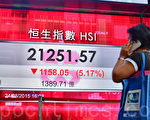 中港股市24日大跌，恒生指數下跌1158點，跌幅5.17%。（宋祥龍／大紀元）