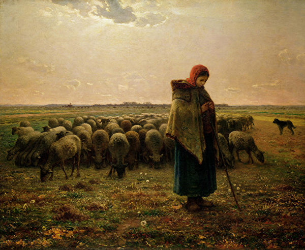 [法]让-弗朗索瓦‧米勒（Jean-François Millet，1814—1875），《牧羊女和羊群》（ Shepherdess with her flock），1864年作，巴黎奥塞美术馆藏。（艺术复兴中心提供）