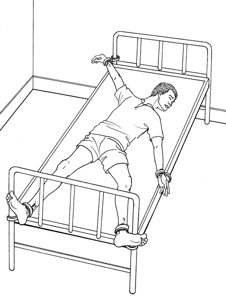 中共酷刑示意圖:銬在床上(明慧網)