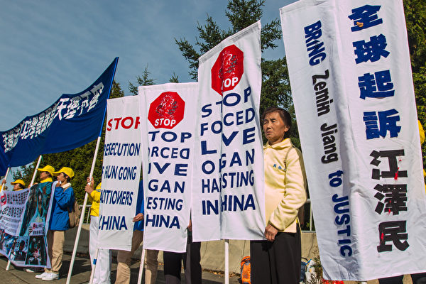 9月23日,部分法輪功學員在美國微軟總部門口,打出「法辦江澤民」「活摘法輪功學員器官天理不容」等標語,靜靜向將要前往微軟的習近平車隊和平請願。(馬有志/大紀元) 9月23日,部分法輪功學員在美國微軟總部門口,打出「法辦江澤民」「活摘法輪功學員器官天理不容」等標語,靜靜向將要前往微軟的習近平車隊和平請願。(馬有志/大紀元)