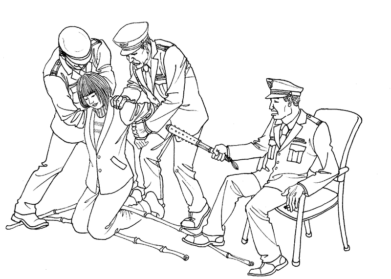 3.酷刑示意圖:「跪圓臘木」(明慧網)