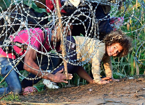 2015年8月27日，匈牙利与塞尔维亚边境，移民穿过铁丝网。欧洲迎来二战以来最严重的移民危机，匈牙利、意大利、希腊首当其冲。今年以来，已经有141,500名移民被试图进入匈牙利被警方阻拦。(ATTILA KISBENEDEK/AFP/Getty Images)