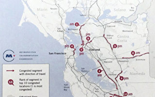 MTC周四发布的2014湾区10大拥塞路段地图。（大纪元翻拍）