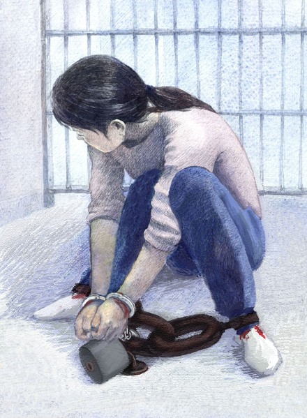 酷刑演示图:锁地环(明慧网)