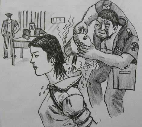 中共酷刑示意圖:熱水燙(明慧網)