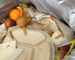 水果吃都沒吃就直接扔進學校飯堂垃圾桶，垃圾桶裡的好好的新鮮水果觸目可見。（讀者提供）