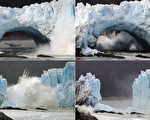 阿根廷南部的莫雷诺冰川拱门，当地时间10日崩塌，坠入阿根廷湖中，场面壮观，让现场目睹的3,000多名游客惊呼连连。（AFP PHOTO / WALTER DIAZ ）