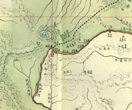 日本人绘制的《间岛附近形势图》（1910年），根据《间岛条约》，中朝以定界碑到石乙水为界，天池在中国境内。（网络图片）
