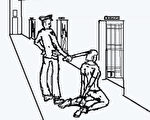 中共酷刑示意圖：「穿後刑」——將人雙手背銬、雙膝下跪、雙腳戴腳鐐，同時將手銬、腳鐐用鐵絲最短距離串起來。（明慧網）