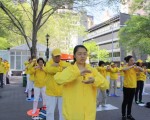 2016年5月13日，來自悉尼的法輪功學員在紐約聯合國對面的哈馬紹廣場公園集體煉功，前為艾莉森‧劉。（駱亞／大紀元）