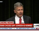 美国第三大党自由意志党（The Libertarian Party）今天（5月29日）提名前新墨西哥州州长盖瑞．强生（Gary Johnson）竞选今年美国总统。图为强生发表胜选感言。（MSNBC视频截图）