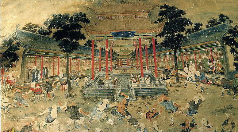 河南嵩山少林寺千佛殿內的十三棍僧護秦王壁畫。（公有領域）
