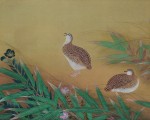 林玉山 1935双鹑图 41×71cm（艺术家提供） 从这幅一九三五年画的双钩填彩“双鹑图”，可以见出林氏对宋院派画法用功之精。（中华文化总会提供）