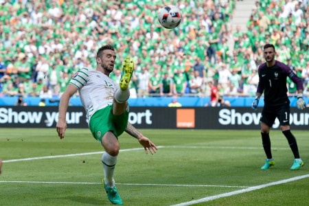 LYON, FRANCE - JUNE 26: Shane Duffy of the Republic of Ireland controls the ball during the UEFA Euro 2016 round of 16 match between France and the Republic of Ireland at Stade des Lumieres on June 26, 2016 in Lyon, France. (Photo by Aurelien Meunier/UEFA via Getty Images)