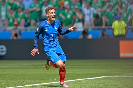LYON, FRANCE - JUNE 26: Antoine Griezmann of France reacts after scoring during the UEFA Euro 2016 round of 16 match between France and the Republic of Ireland at Stade des Lumieres on June 26, 2016 in Lyon, France. (Photo by Aurelien Meunier/Getty Images )