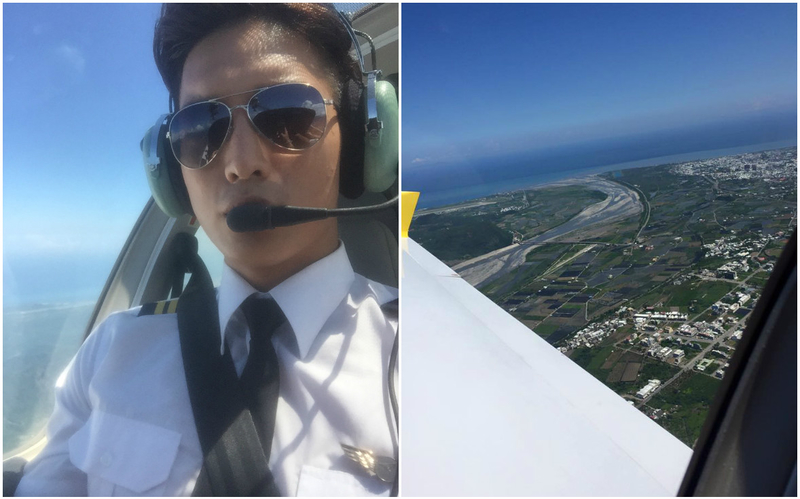 為配合劇組進行實景空拍,王家梁身著帥氣飛行員裝扮,日前於台東機場「正式升空」。(寶麗來提供)