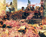 [荷/英]劳伦斯‧阿尔玛—塔德玛爵士（Sir Lawrence Alma-Tadema，1836—1912），《黑利阿迦八鲁斯的玫瑰》（The Roses of Heliogabalus），1888年作，布面油画，132.1×213.9 cm，私人收藏。（艺术复兴中心提供）