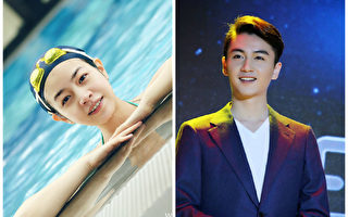 戴泳帽的陈妍希（左）与陈晓被称“最强夫妻脸”。（微博图片/大纪元合成）