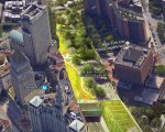 李宗保提出，将连接华埠和曼哈顿金融中心的柏路（图中绿色部分）模仿高线公园，下边通车。 (李宗保提供)