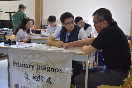 台湾中医服务队抵温,图为中国医药大学同学在进行初诊。(邱晨/大纪元)