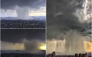 8月2日下午，大陸雲南昆明市出現短時間強降雨，一組天降巨大「雨柱」的照片在網絡熱傳。（網絡圖片）