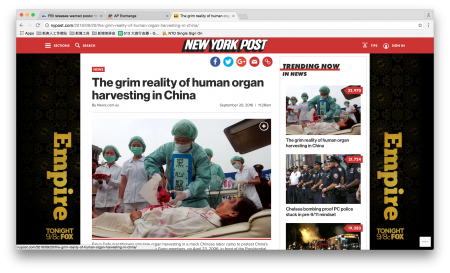 9月21日上午《纽约邮报》网上点击量第一文章《中国活摘器官的严峻现实》（网络截图）