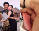 左圖為杜德偉（左）擁抱愛妻，右圖為他觸摸寶貝兒子的小腳丫合照。（杜德偉臉書／大紀元合成）