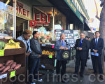 舊金山市長李孟賢10月26日在「Palou Market」零售店前，宣布「健康零售店」試點計畫讓小商業增收，也有利於改善社區民眾的健康狀況。（林驍然／大紀元）