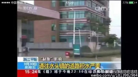 浙江平陽縣水頭鎮在「鯰魚」颱風期間,全鎮被水淹兩天兩夜,街道滿目瘡痍。(網絡圖片)