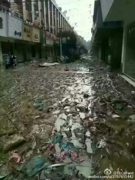 浙江平陽縣水頭鎮在「鯰魚」颱風期間,全鎮被水淹兩天兩夜,街道滿目瘡痍。(網絡圖片)