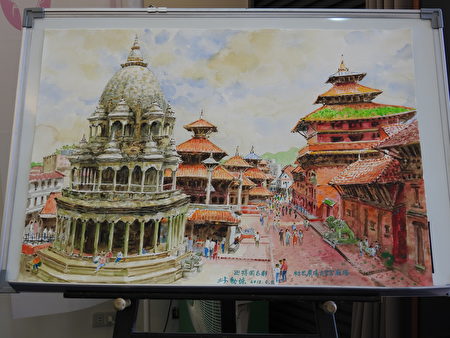 林勋谅老师在美学讲座上，叙说他画尼泊尔《杜巴广场古皇宫庙塔》的故事。（蔡上海／大纪元）