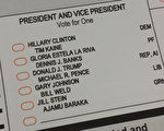 2016年美国大选加州圣地亚哥县选票上的总统／副总统候选人竞选。（杨婕／大纪元）