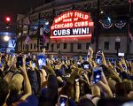 芝加哥當地球迷為小熊隊拿下冠軍，興奮不已。（TASOS KATOPODIS/AFP/Getty Images）