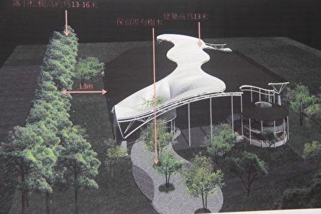 遮雨廣場與落羽松群高度比例。(郭千華/大紀元)