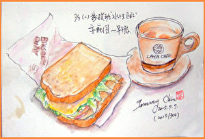 水性色铅笔速写 / 三明治和咖啡(图片来源:作者 邱荣蓉 提供)