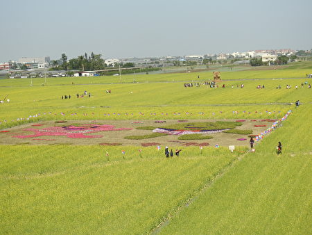 圖前為新太保心幸福圖騰-「番茄妹和美濃哥」,後為太保幸福熊。(蔡上海/大紀元)