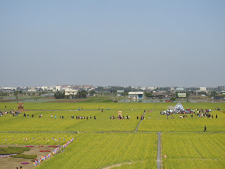 太保市花海節現場,右為浪漫的幸福教堂,中為稻草巨人,左為太保幸福熊,觀賞遊客絡繹不絕。(蔡上海/大紀元)