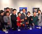 台湾前行政院长游锡堃率领的祝贺团，17日在纽约面对华文媒体，说明此行重点。 (庄翊晨/大纪元)