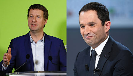 雅多（左）於2月23日在電視2台晚間新聞宣佈退出總統競選，加盟社會黨候選人阿蒙(右)。（Getty Images/大紀元合成）