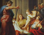 《阿基里斯在呂科墨得斯王宮（Achilles at the Court of Lycomedes）》，彭佩歐． 巴托尼 （Pompeo Batoni）作品，繪於 1745年， 油畫顏料，畫布，現藏於佛羅倫斯的烏菲茲美術館。（公有領域）