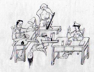 中共使用的其中一種酷刑「穿心槓」示範圖(明慧網)