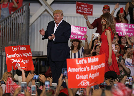MELBOURNE, FL - FEBRUARY 18: President Donald Trump and Melania Trump are seen during a campaign rally at the AeroMod International hangar at Orlando Melbourne International Airport on February 18, 2017 in Melbourne, Florida. President Trump is holding his rally as he continues to try to push his agenda through in Washington, DC. (Photo by Joe Raedle/Getty Images)