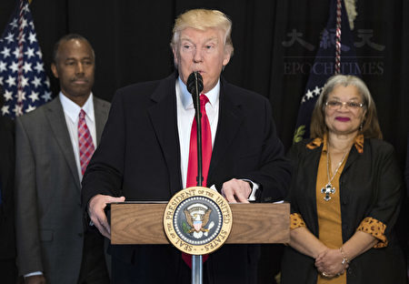 WASHINGTON, DC - FEBRUARY 21: (AFP OUT) President Donald Trump delivers remarks after touring the Smithsonian National Museum of African American History & Culture on February 21, 2017 in Washington, DC. Trump was joined by Dr. Ben Carson and Alveda King, niece of Martin Luther King Jr. (Photo by Kevin Dietsch - Pool/Getty Images)